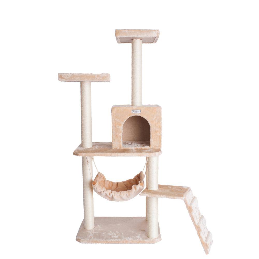 Angle. Armarkat - 57Inch Real Wood Cat Tree In Beige With Perches Running Ramp.
