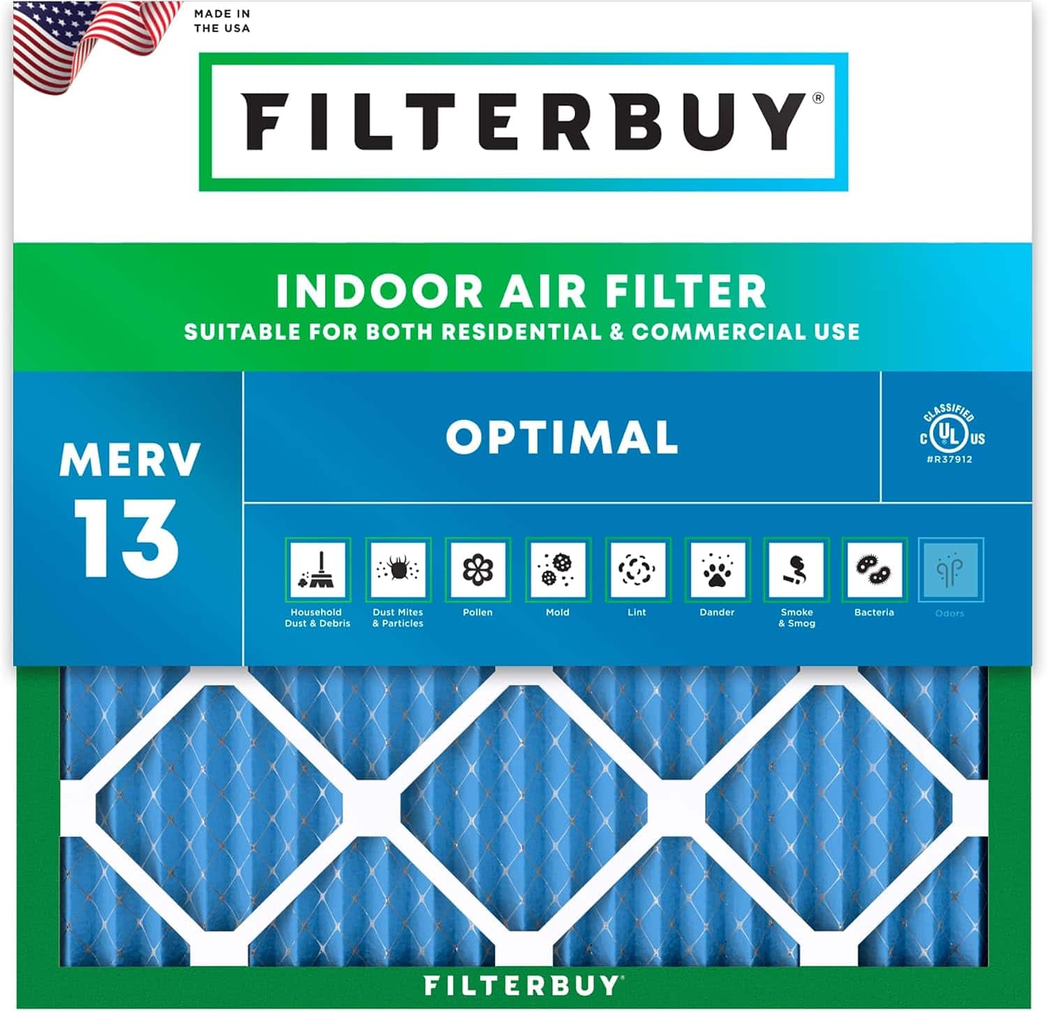 Filterbuy - 10x10x1 MERV 13 Smoke & Allergy Defense, Electrostatic Pleated HVAC AC Furnace Air Filters Replacement (1-Pack) - Blue