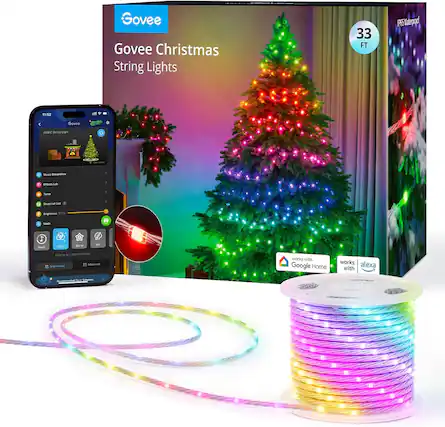 Govee Christmas String Lights
33 FT
RGBIC String Light
Music DreamView
Effects Lab
Timer
Snapshot List
Mode
Customize Color
Segmented
28 Adorned
Recommended Govee Subnets
works with Google Home
works with alexa