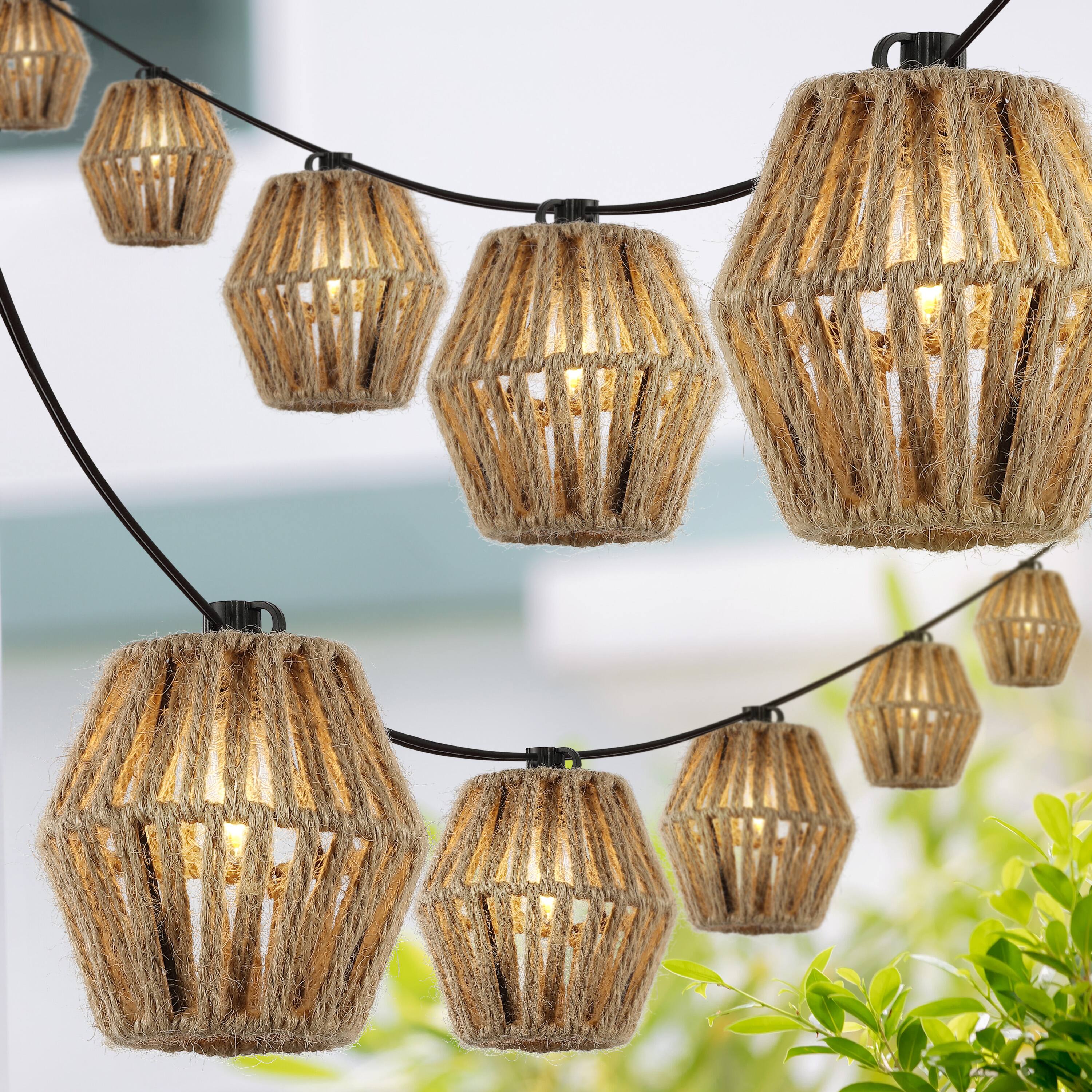 Alt View 1. Jonathan Y - Samara 10-Light Indoor/Outdoor 10 ft. Mid-Century Classic LED C7 Lantern Hemp Rope Shaded String Lights, Brown - Brown.