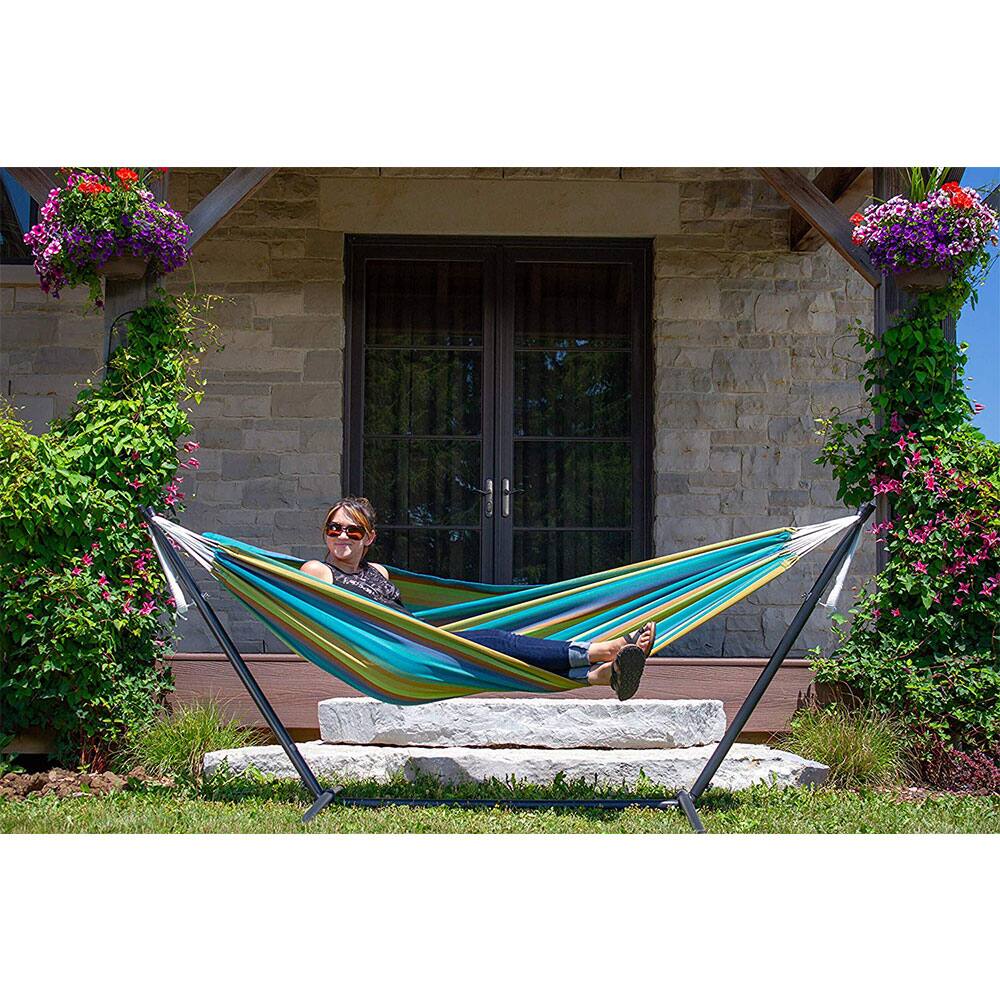 Alt View 10. Vivere - Vivere Brazilian Style Sunbrella Outdoor Double Hammock with Steel Stand, Lagoon - Lagoon.