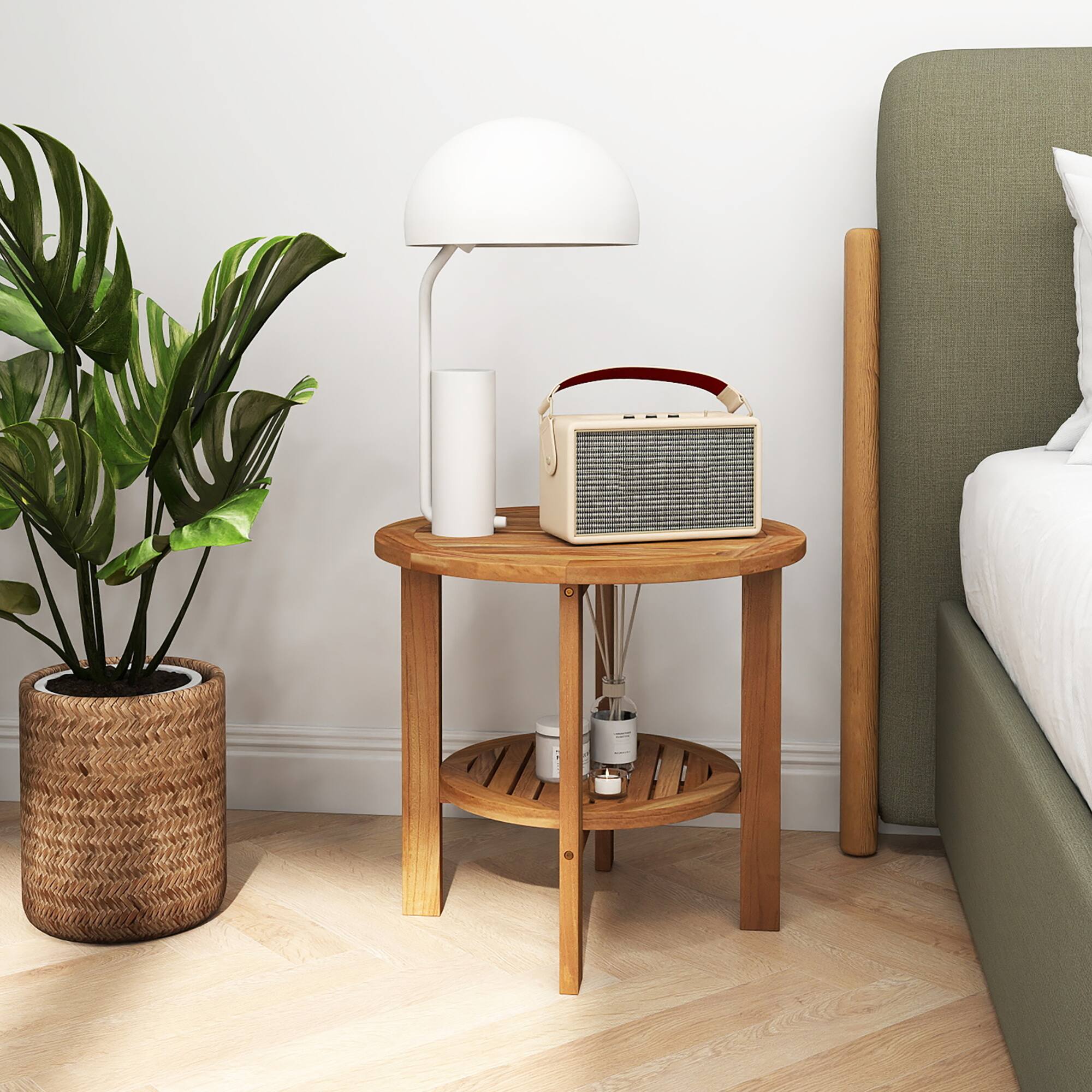 Alt View 4. Gymax - Gymax Teak Wood 2-Tier Side Table 19.5'' Round Coffee Table End Table w/ Slatted Top - Natural.