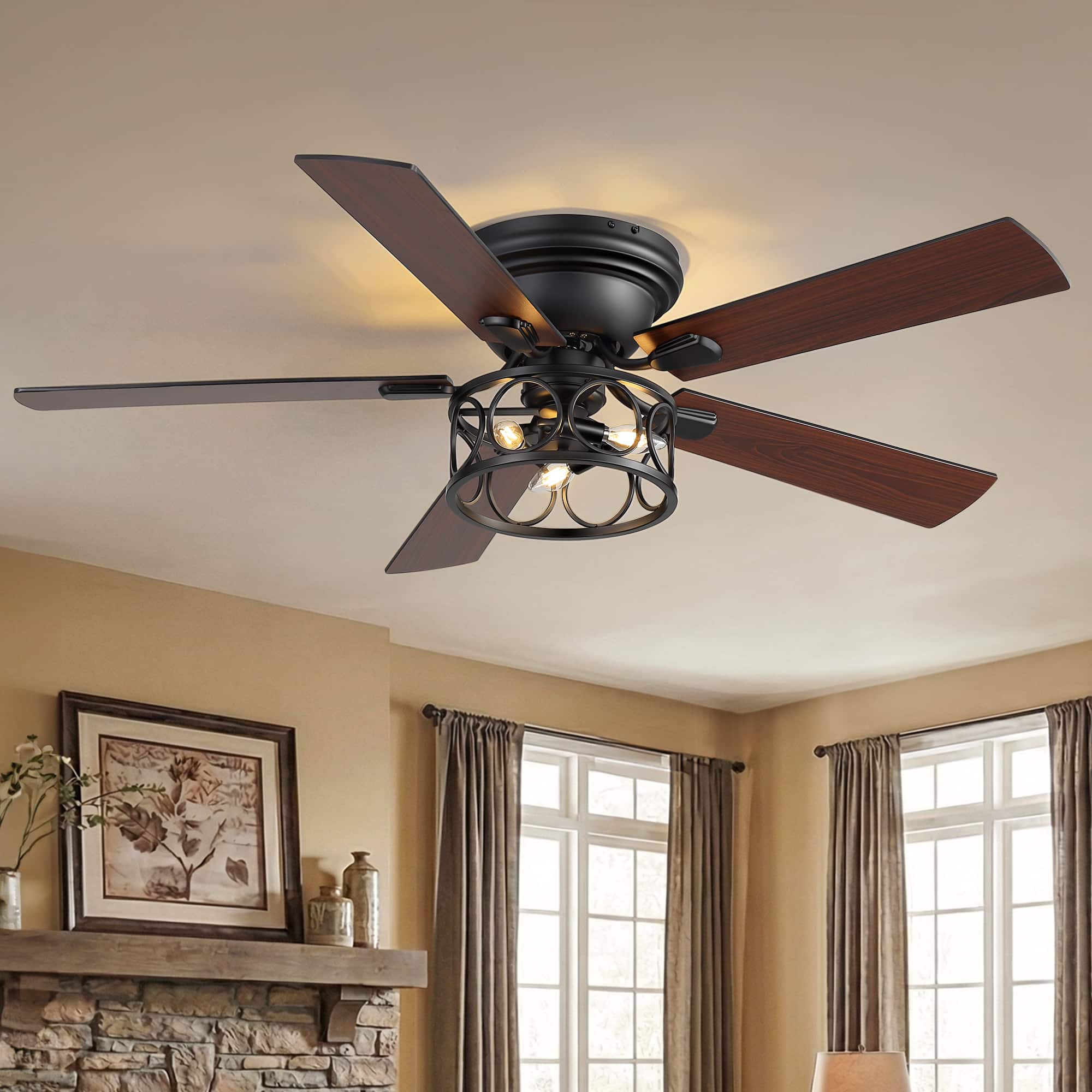 Breezary - 52 Inch Surface Mounted Ceiling Fan with Caged Light, E12 Bulbs, DC Motor, 6-Speed Remote, Timer - Black & Walnut
