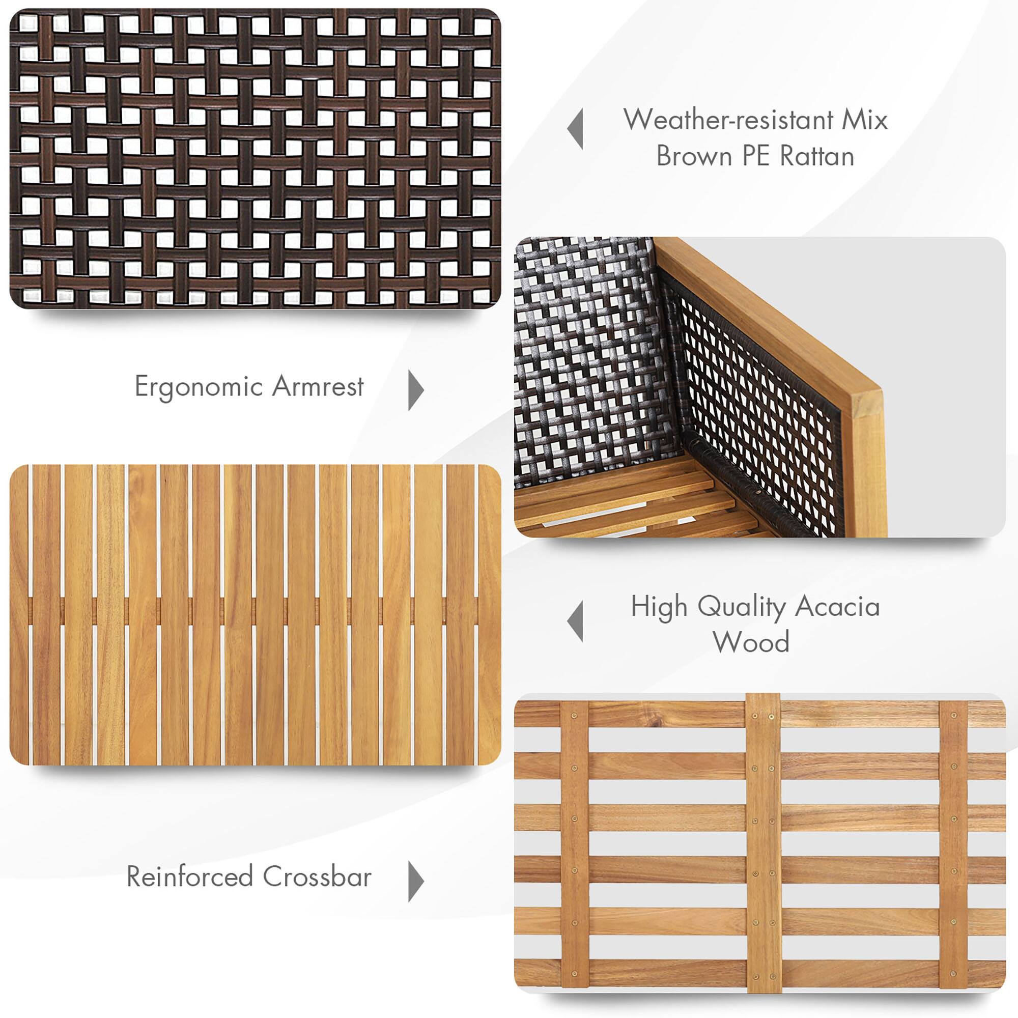Weather-resistant Mix Brown PE Rattan, Ergonomic Armrest, High Quality Acacia Wood, Reinforced Crossbar