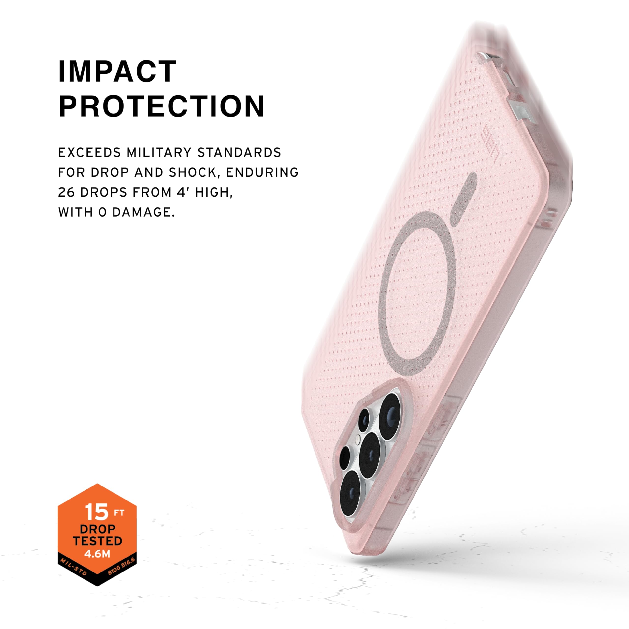 IMPACT PROTECTION

EXCEEDS MILITARY STANDARDS FOR DROP AND SHOCK, ENDURING 26 DROPS FROM 4' HIGH, WITH 0 DAMAGE.

15 FT DROP TESTED 4.6M MIL-STD 810G
