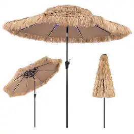 Costway - 9 FT Solar Thatched Tiki Umbrella with/without 96 Multi-colored Flowing Lights, 12 Modes - Natural+Black