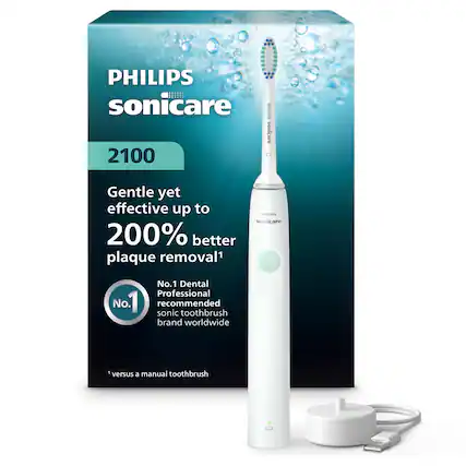 PHILIPS sonicare
2100
Gentle yet effective up to 200% better plaque removal¹
No.1 Dental Professional No.1 sonic recommended toothbrush brand worldwide - versus manual toothbrush
¹ versus a manual toothbrush