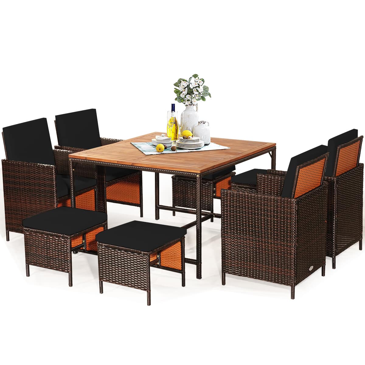 Gymax - Set Of 9 Patio Rattan Dining Set Cushioned Chairs Ottoman Wood Table Top Black - Brown & Black price history on PriceWatchPro