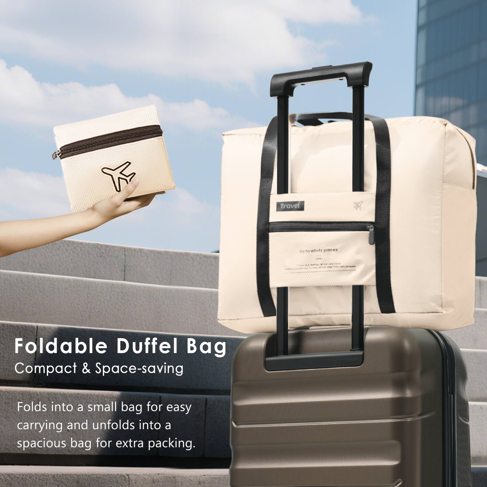 Foldable Duffel Bag  
Compact & Space-saving  

Folds into a small bag for easy carrying and unfolds into a spacious bag for extra packing.