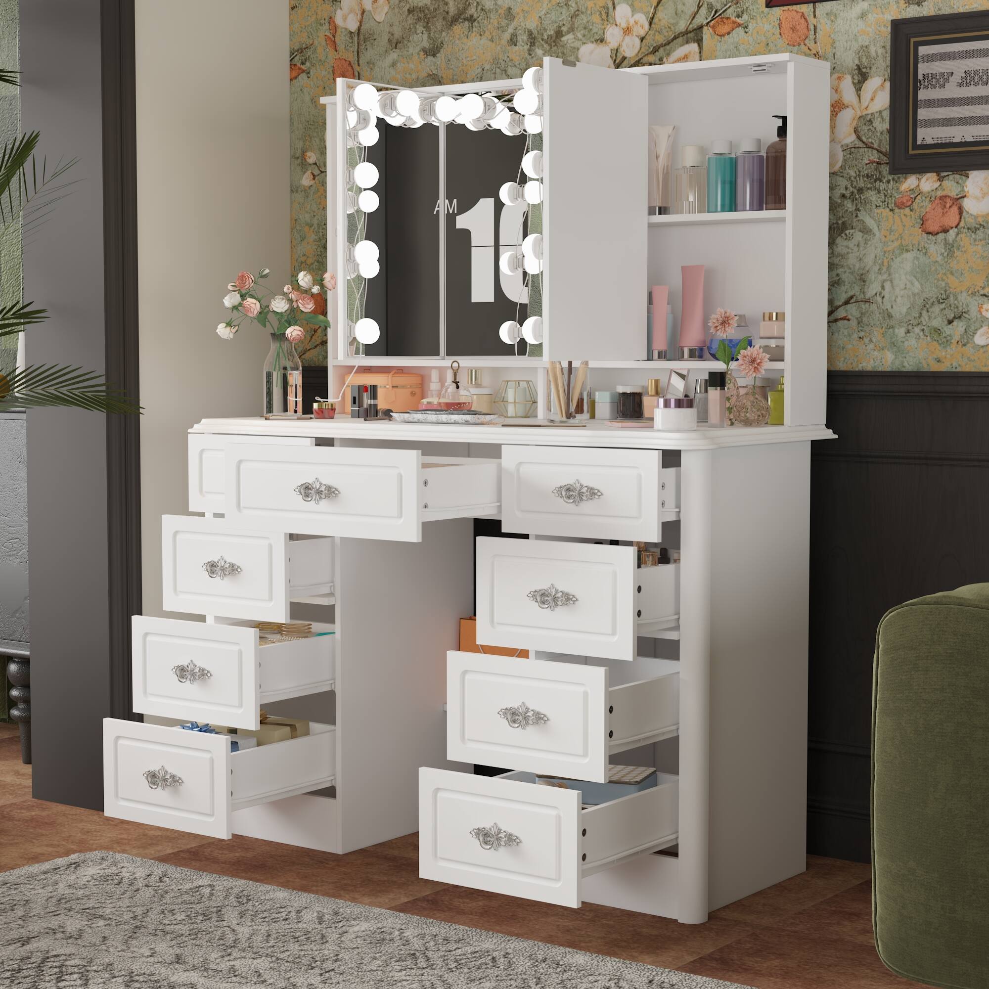 Alt View 4. Famapy - Vintage Vanity Table with 3-Sided LED Mirror - Makeup Desk, 9-Drawer Organizer Hidden Storage - White.
