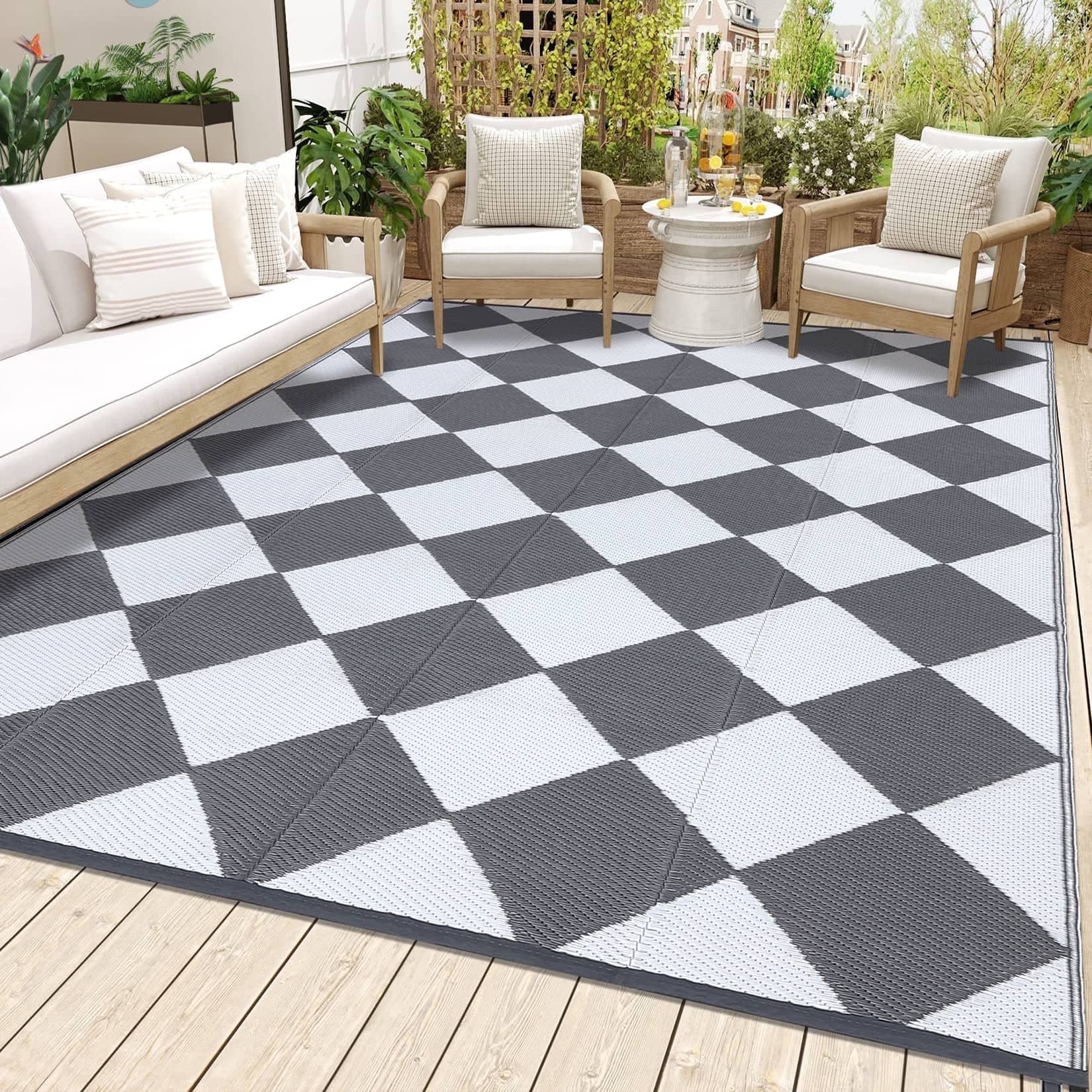 Homhougo - 8x10 Waterproof Outdoor Rug, Modern Geometric Patio Carpet, Gray and White - Gray & White