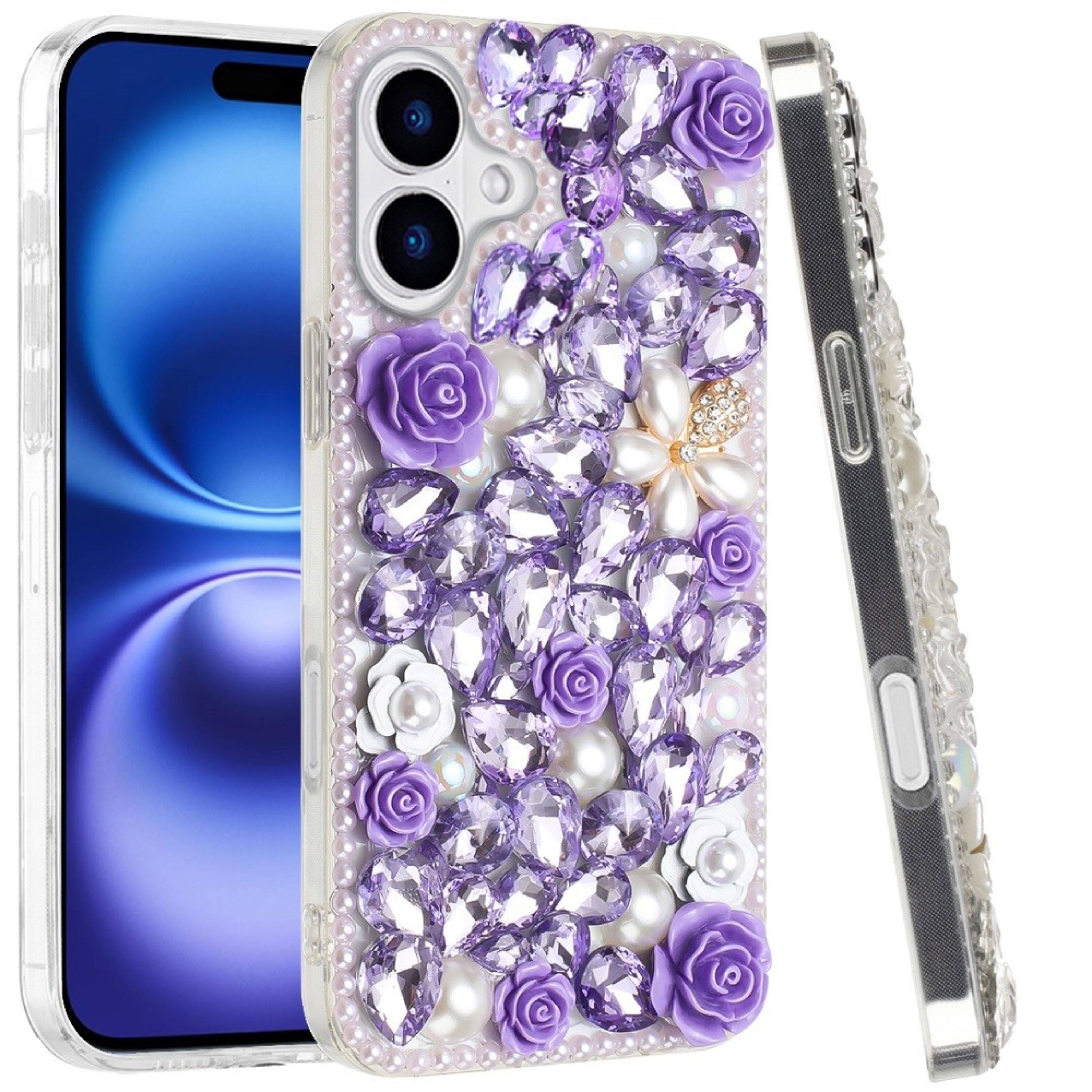 Angle. Kitcheniva - Full Jewel with 3D Roses Bling Phone Cover Plus Tempered Glass For iPhone 17 Purple - Purple.