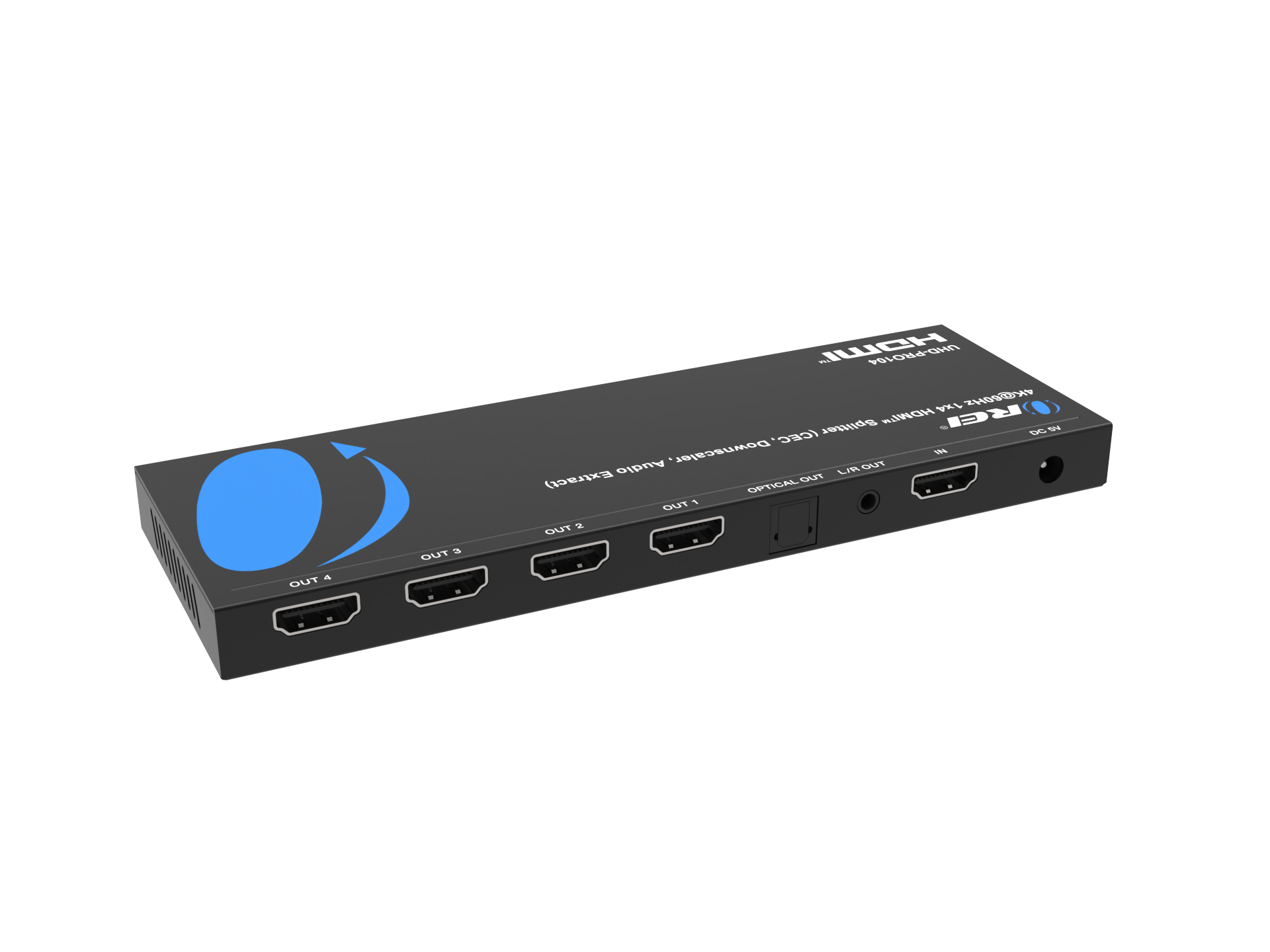 The text on the image is:

"HOLO
4K HDR 10bit 4:4:4
Downscaler
HDMI IN
HDMI OUT
OPTICAL OUT
OUT 1
OUT 2
OUT 3
OUT 4"