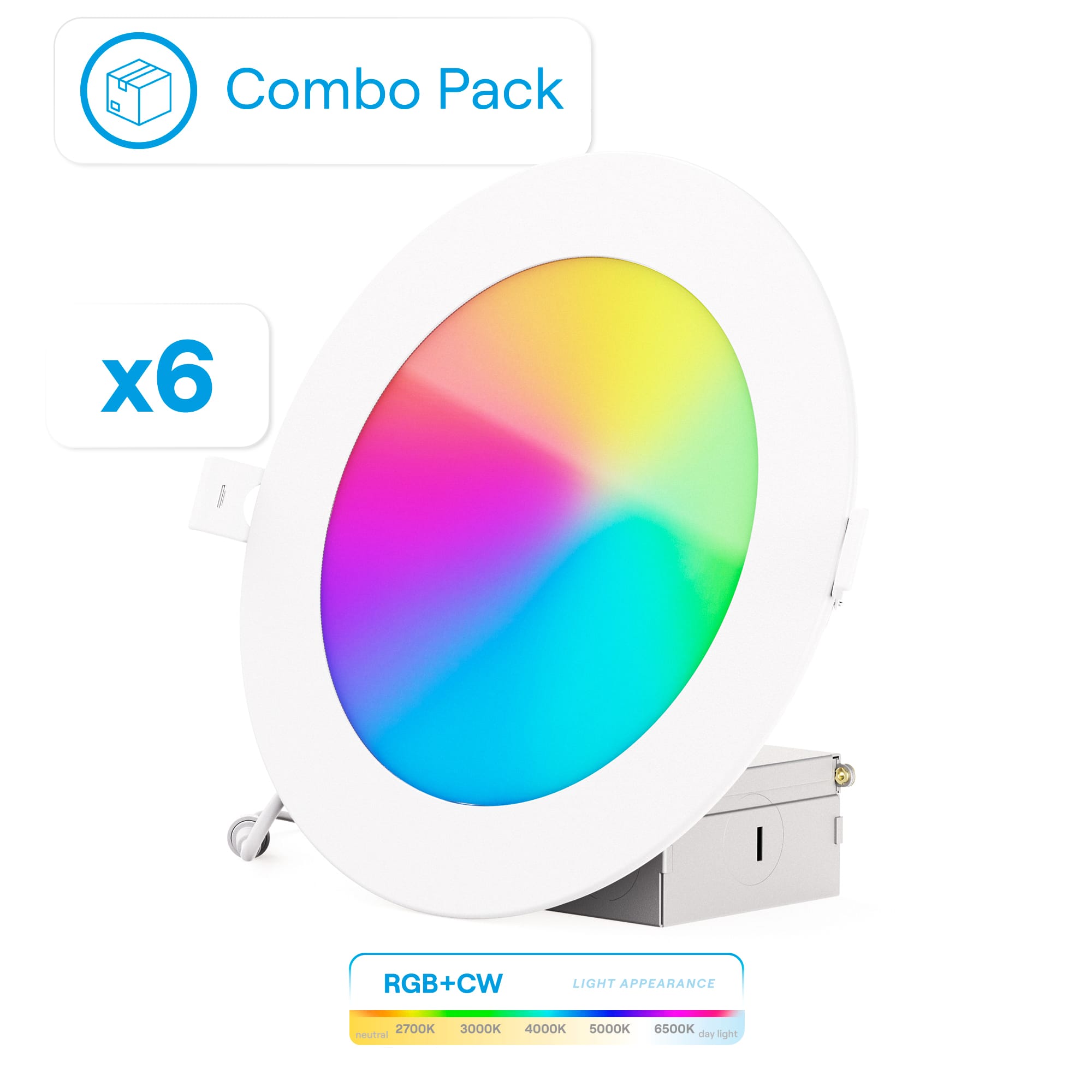 Infibrite - 6-Inch Wifi RGB + CW Recessed LED Downlight, 12W, 1100 Lumens, App Dimmable, Wet Rated (Set of 6) - Smart