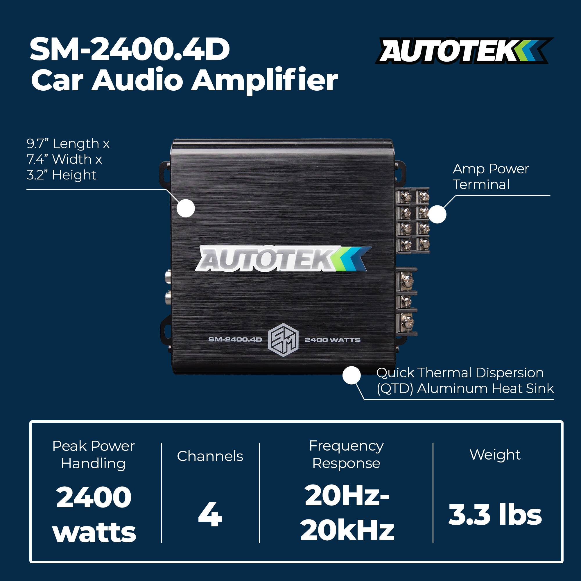 SM-2400.4D Car Audio Amplifier

9.7" Length x 7.4" Width x 3.2" Height

Amp Power Terminal

Quick Thermal Dispersion (QTD) Aluminum Heat Sink

Peak Power Handling: 2400 watts

Channels: 4

Frequency Response: 20Hz-20kHz

Weight: 3.3 lbs