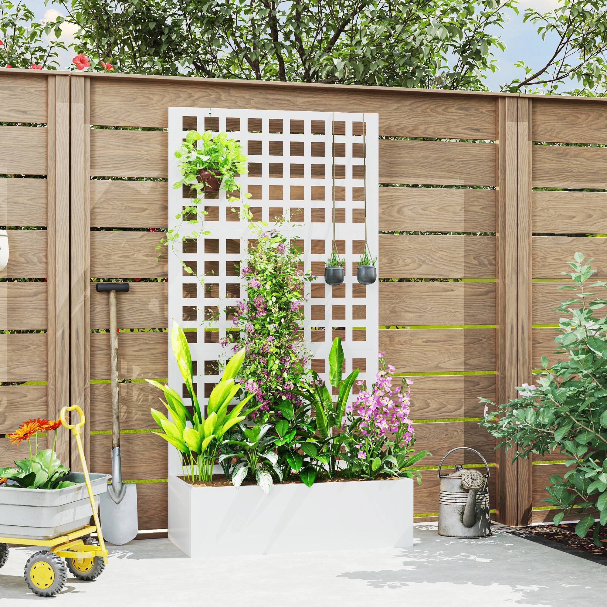 Alt View 1. Outsunny - Raised Garden Bed Planter Box with Trellis for Climbing Plants, Vegetable, Vines - White.