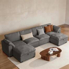 Dyonery - 160-inch oversized modular sectional sofa, U-shaped sofa with storage bench, down-filled, solid wood frame - Gray
