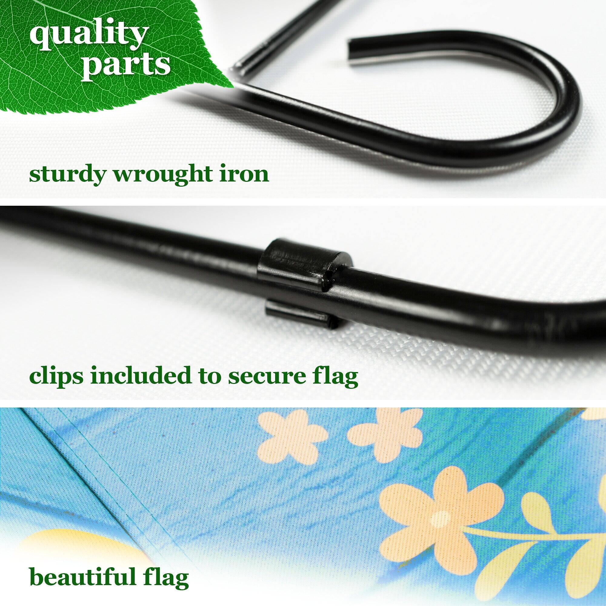 quality parts  
sturdy wrought iron  
clips included to secure flag  
beautiful flag