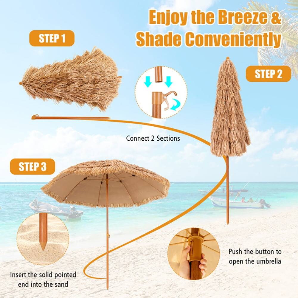 Enjoy the Breeze & Shade Conveniently

STEP 1  
Connect 2 Sections

STEP 2  
Push the button to open the umbrella

STEP 3  
Insert the solid pointed end into the sand