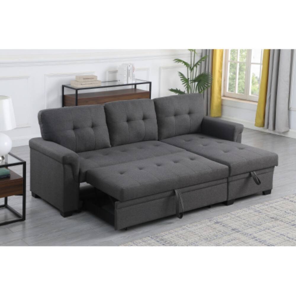 Angle. LUCKY ONE - 84" Dark Gray Linen Reversible Sleeper Sectional Sofa with Storage Chaise, Pull-Out Bed, Space-Saving Design - Dark Gray.