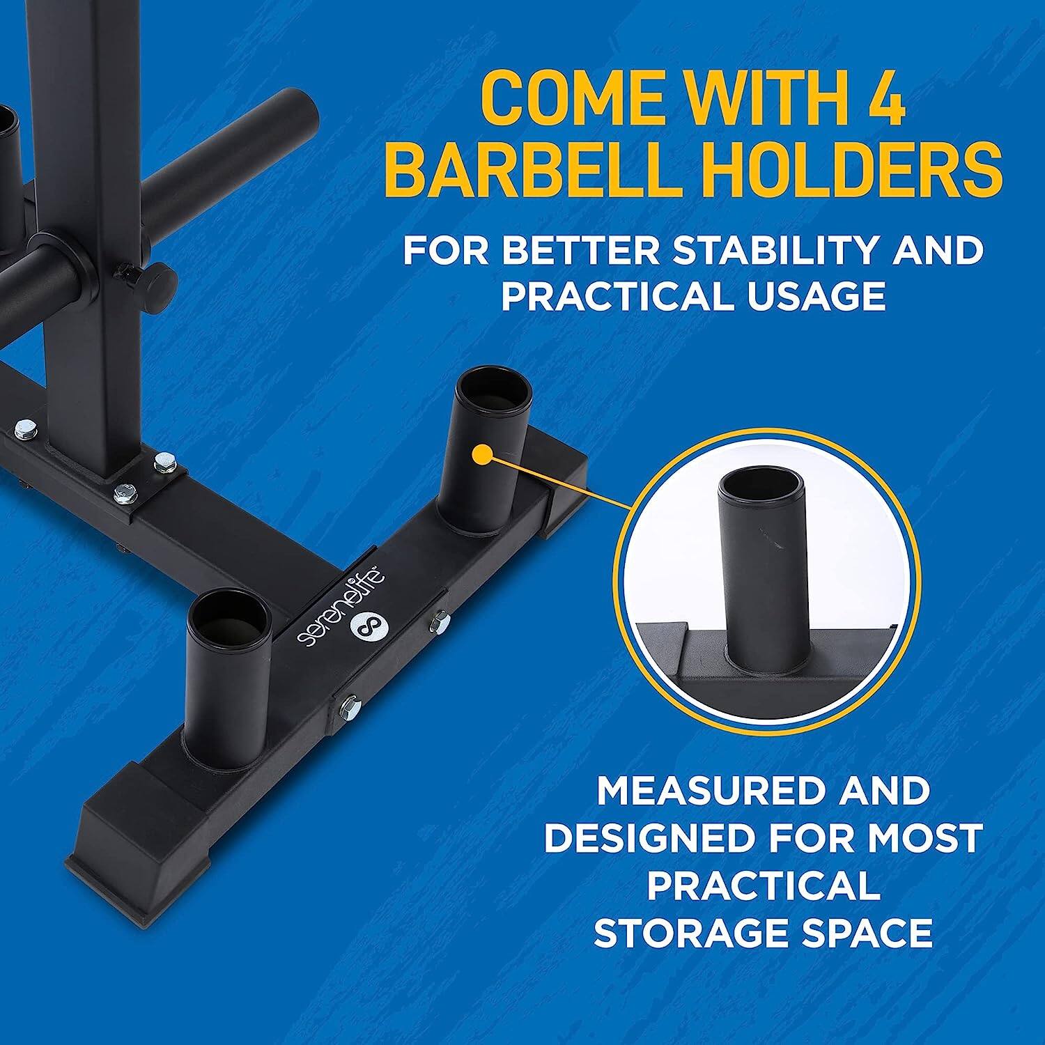 COME WITH 4 BARBELL HOLDERS FOR BETTER STABILITY AND PRACTICAL USAGE

MEASURED AND DESIGNED FOR MOST PRACTICAL STORAGE SPACE