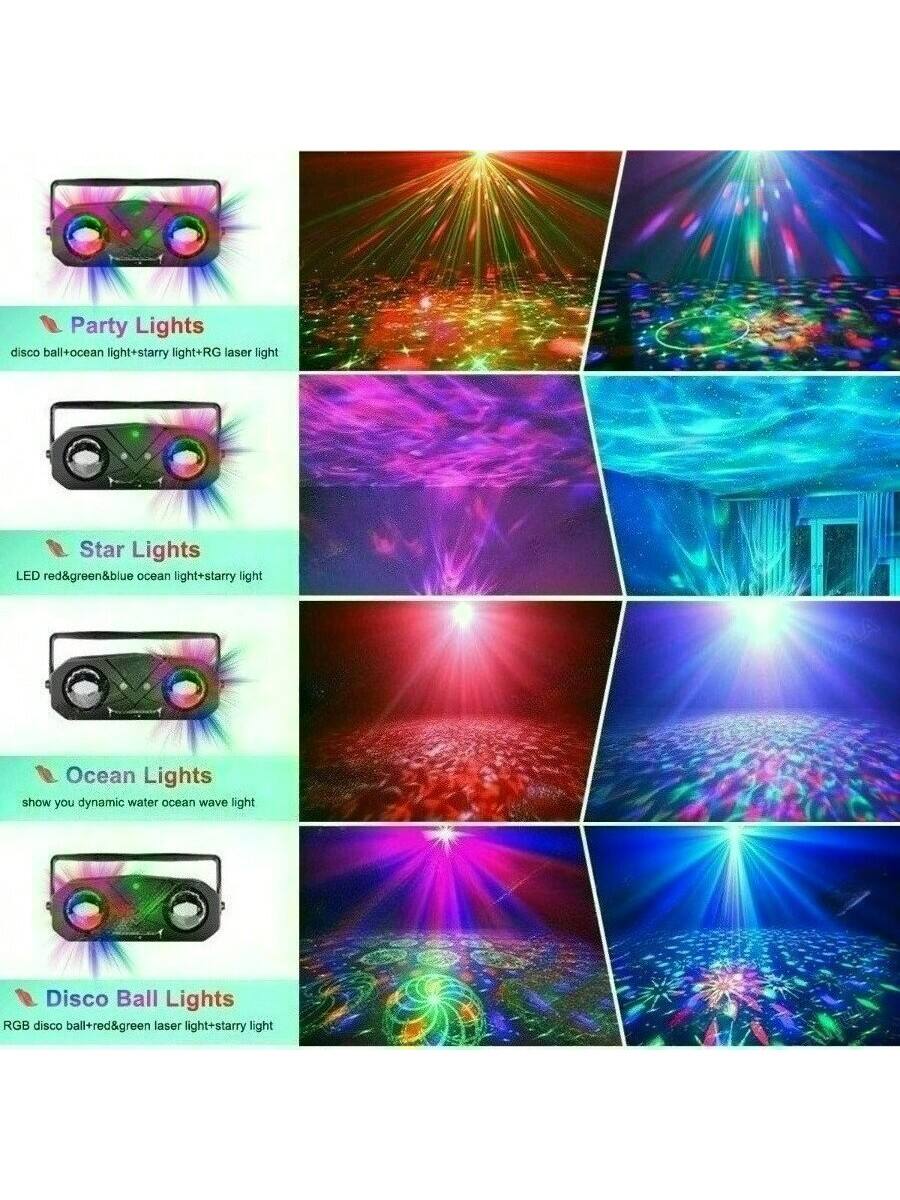 - Party Lights  
  disco ball+ocean light+starry light+RG laser light

- Star Lights  
  LED red&green&blue ocean light+starry light

- Ocean Lights  
  show you dynamic water ocean wave light

- Disco Ball Lights  
  RGB disco ball+red&green laser light+starry light