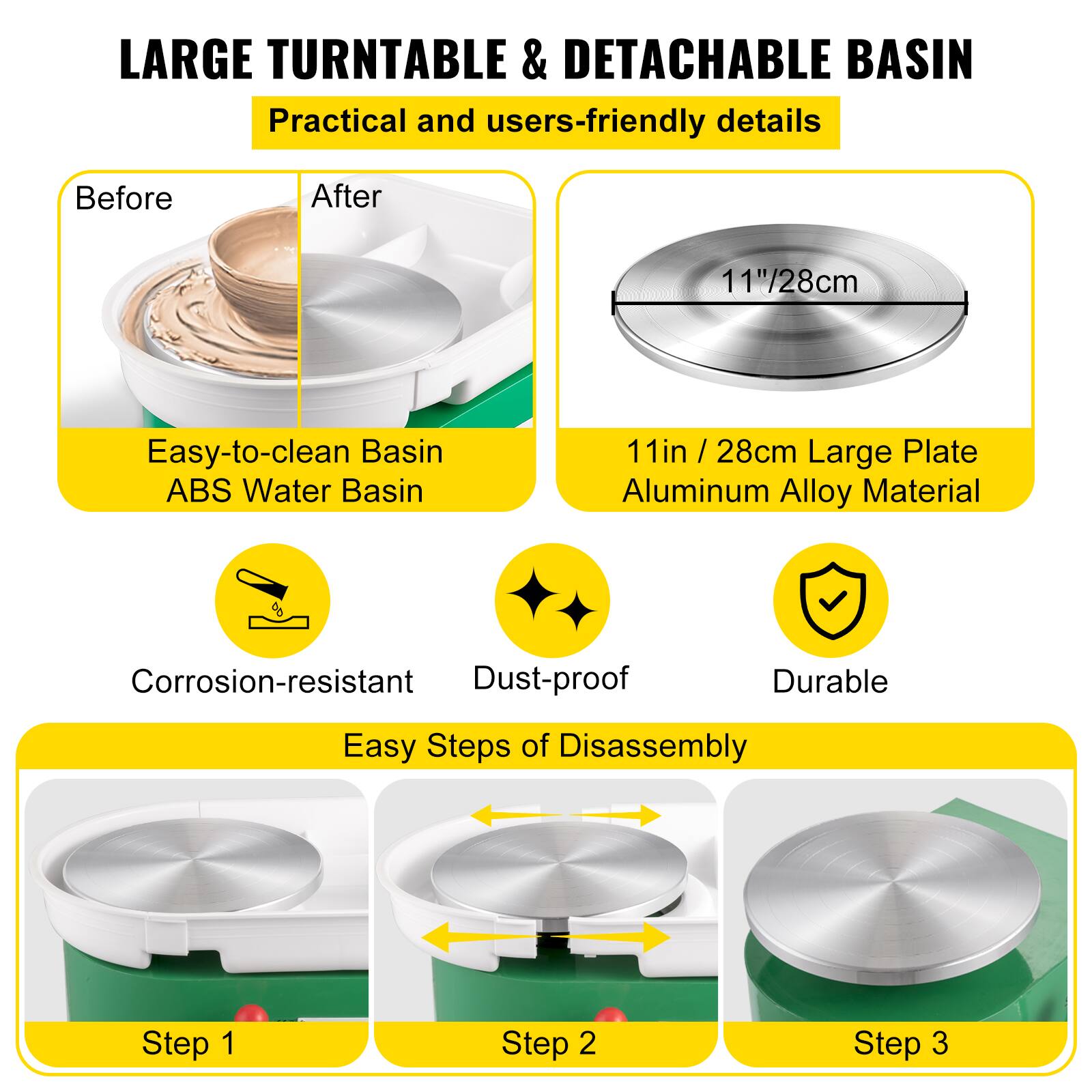 LARGE TURNTABLE & DETACHABLE BASIN Practical and users-friendly details

Before After
Easy-to-clean Basin ABS Water Basin
11"/28cm
11in / 28cm Large Plate Aluminum Alloy Material
Corrosion-resistant Dust-proof Durable
Easy Steps of Disassembly
Step 1 Step 2 Step 3