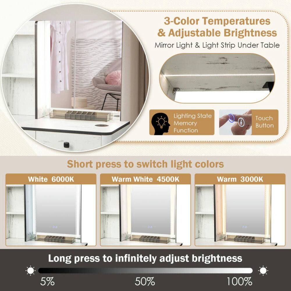 3-Color Temperatures & Adjustable Brightness  
Mirror Light & Light Strip Under Table  
State Memory Function  
Touch Button  

Short press to switch light colors  
White 6000K  
Warm White 4500K  
Warm 3000K  

Long press to infinitely adjust brightness  
5%  
50%  
100%