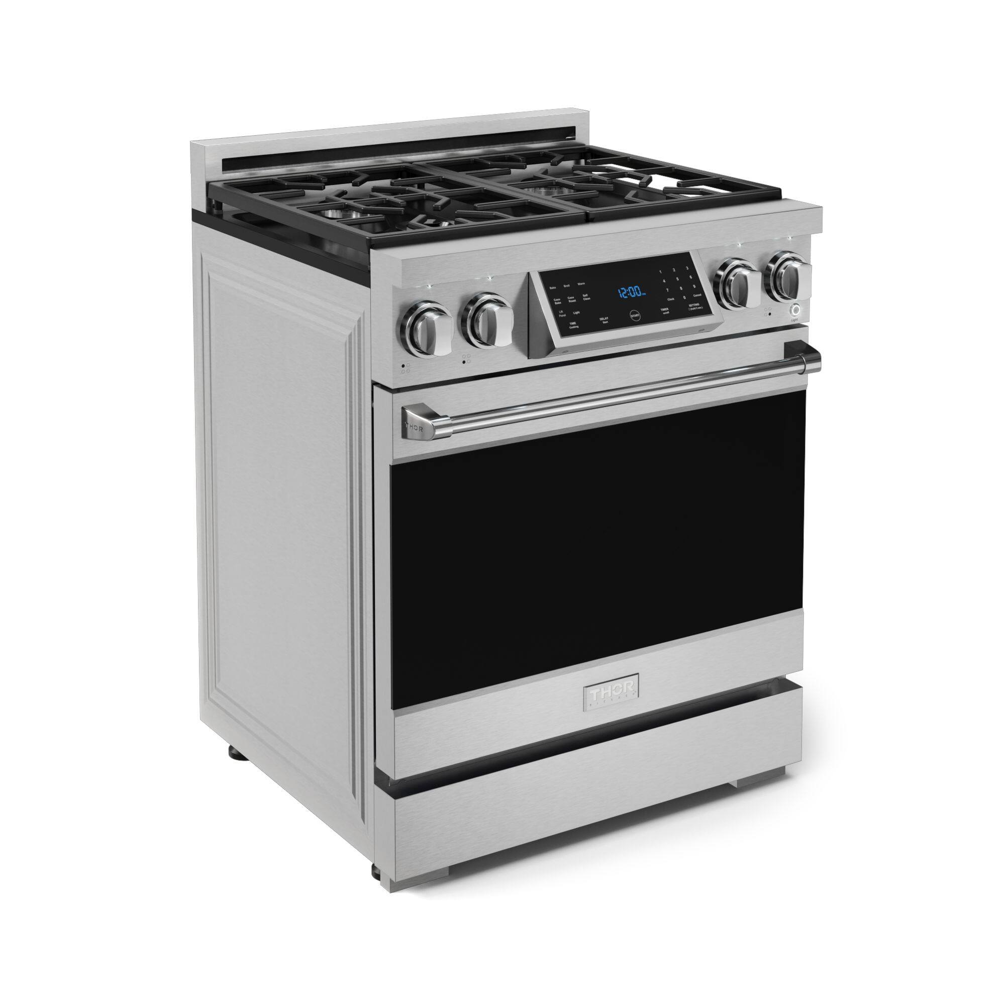 The image shows a stainless steel oven with a digital display that reads "12:00." The oven is a Thor brand, which is known for its high-quality and durable appliances. The oven is designed with a stove top and a built-in oven, making it a versatile and convenient addition to any kitchen.