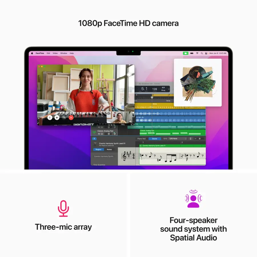 1080p FaceTime HD camera Facetime E sides window - - 1 - 41A - - my Crustal -. fracks 5 1 - 128 A Ana 6 - - 1 -  -  1 P m a - 1 TSHCNOC - - - . l + ail He OH + C Aa Twe I - - nana -L Seare - A N . Loame Harmany Sumen au - - - - T Caome - Sunan - - . agian - Coamie nan ft - Three-mic array Four-speaker sound system with Spatial Audio
