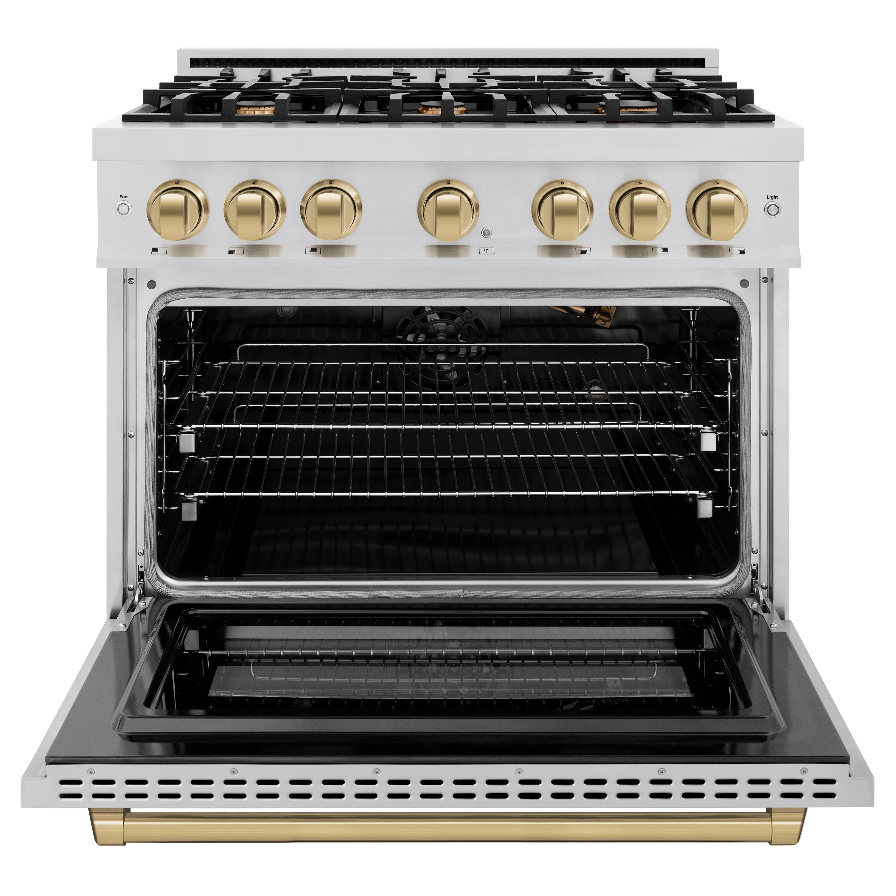 Left. ZLINE - ZLINE Autograph Edition 36 in. 5.2 cu. ft. Freestanding Select Gas Range w/ 6 Burners & Champagne Bronze Accents - Stainless Steel.
