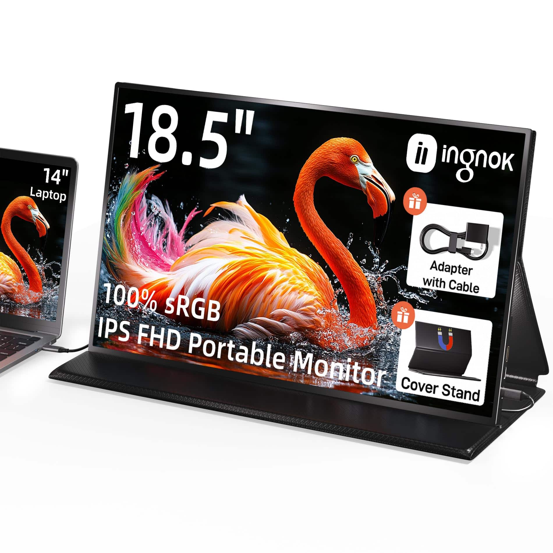 Ingnok - 18.5" FHD IPS Portable Monitor with Dual USB-C, Mini HDMI, Speakers and Magnetic Cover Stand - Black