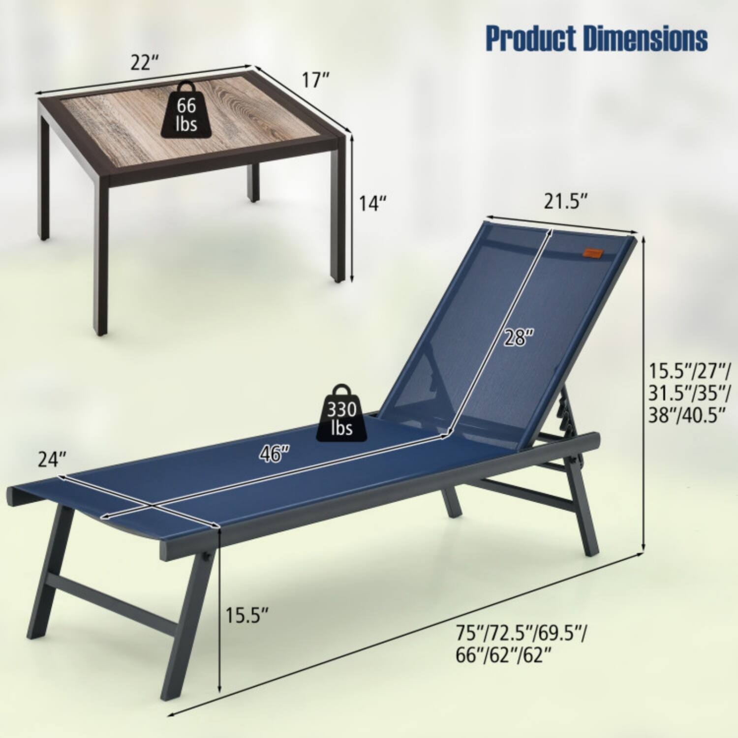 22" x 17" x 14"  
66 lbs  

Product Dimensions:  
21.5" x 28" x 15.5"  
330 lbs  

15.5"/27"/31.5"/35"/38"/40.5"  
75"/72.5"/69.5"/66"/62"/62"