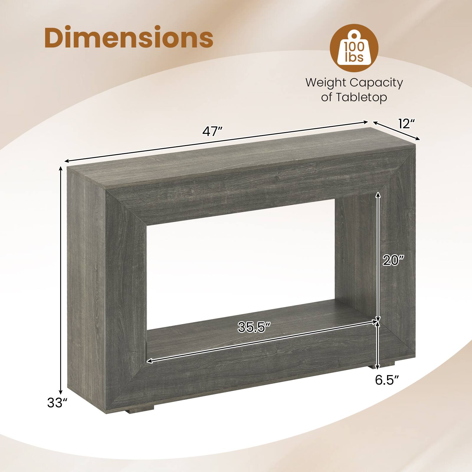 Dimensions

- Weight Capacity of Tabletop: 100 lbs
- 47"
- 12"
- 20"
- 35.5"
- 6.5"
- 33"