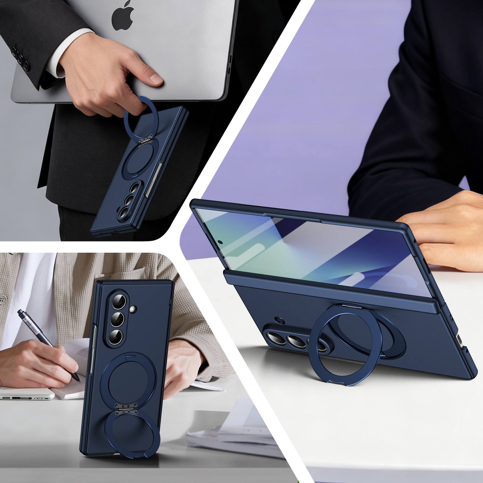 Angle. Dteck - For Samsung Galaxy Z Fold 7 Rugged Case With Screen Protector, Shockproof Magnetic Ring Stand Hinge Protection Cover - Blue.
