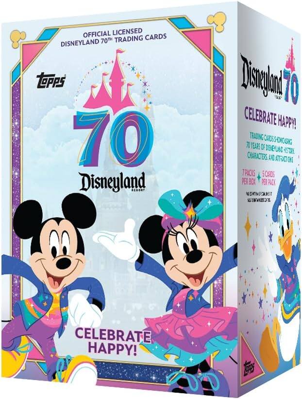 OFFICIAL LICENSED  
DISNEYLAND 70TH TRADING CARDS  
Topps  

70 Disneyland Resort  
CELEBRATE HAPPY!  

TRADING CARDS SHOWCASING 70 YEARS OF DISNEYLAND CHARACTERS AND ATTRACTIONS.  

7 PACKS PER BOX  
5 CARDS PER PACK  

CELEBRATE HAPPY!