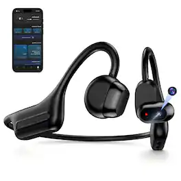 PRIMEPLUS - Bone Conduction Headphones with Camera, 1080P POV Recording, Open-Ear Bluetooth, IP68 Waterproof for Cycling - Black
