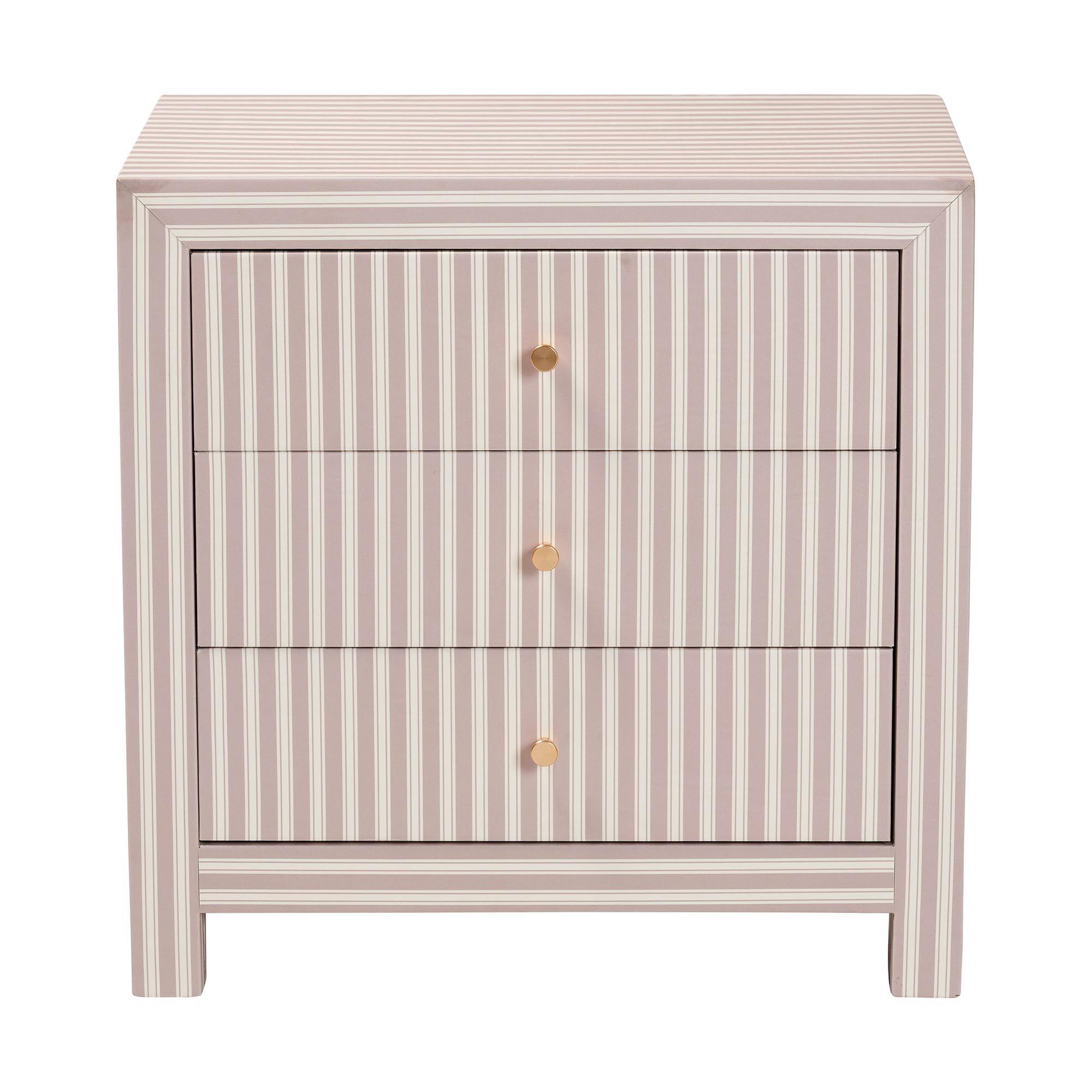 Left. Baxton Studio - Javianne End Table with Striped Faux Leather - 3-Drawer Storage Cabinet with Gold Knobs - White/Beige/Brass.