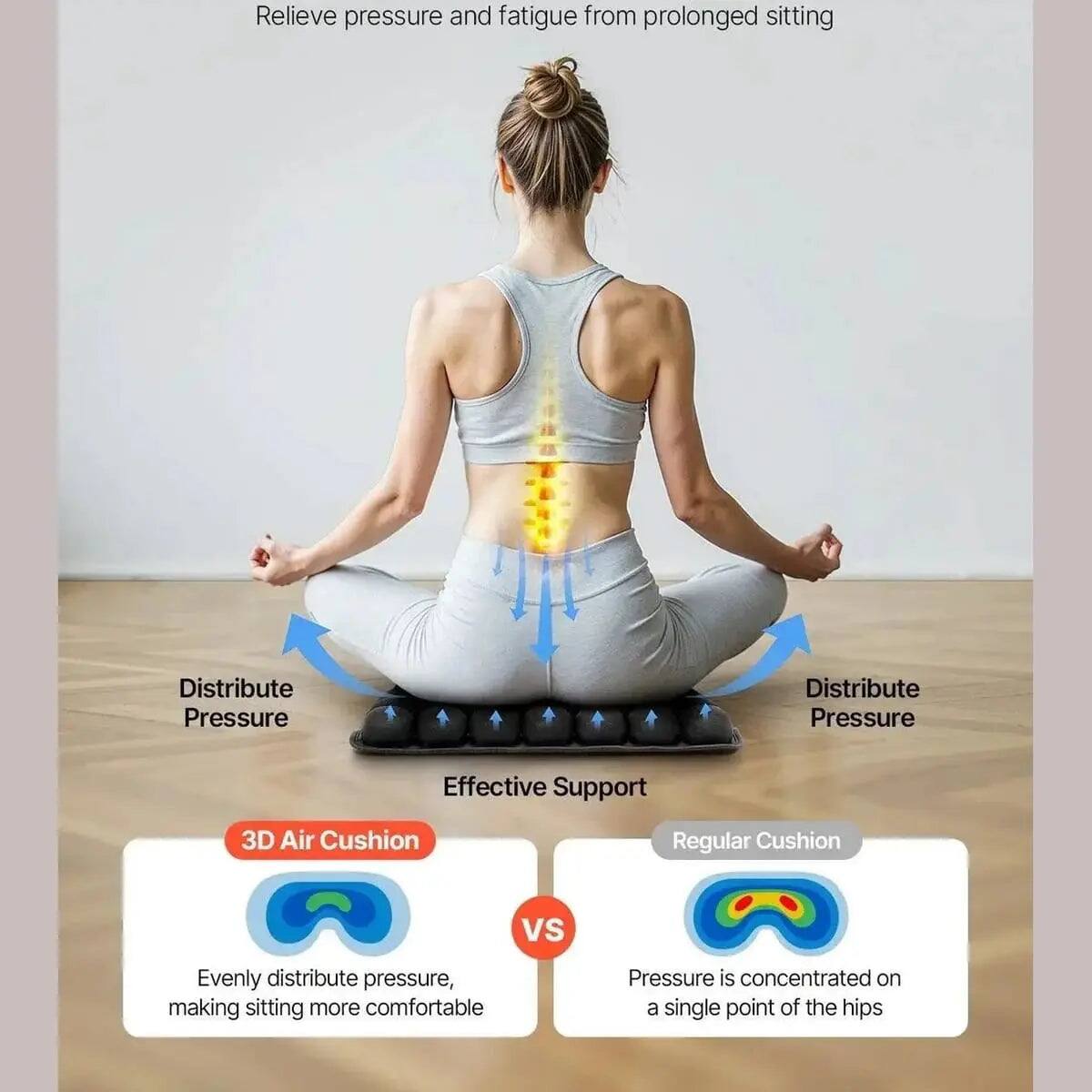 Relieve pressure and fatigue from prolonged sitting

Distribute Pressure
Distribute Pressure
Effective Support

3D Air Cushion
Regular Cushion
VS

Evenly distribute pressure, making sitting more comfortable
Pressure is concentrated on a single point of the hips