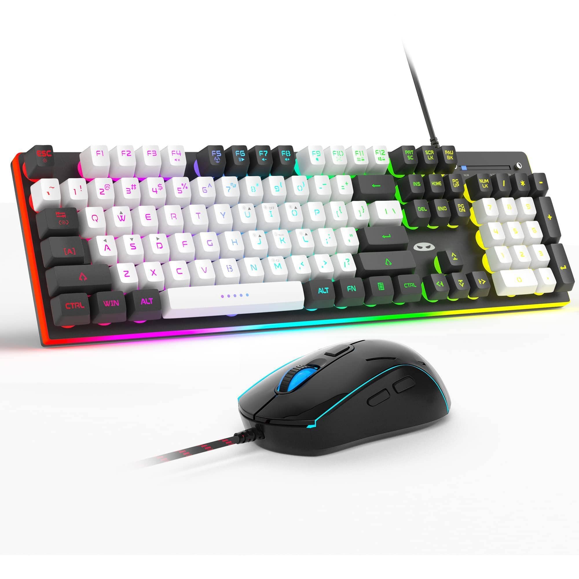 Live At Space - Gt838 Gaming And Mouse Combo 104 Keys Rgb Backlit Quiet Wired Keyboards For Laptop Pc With Number Pad Metal Panel - White Black