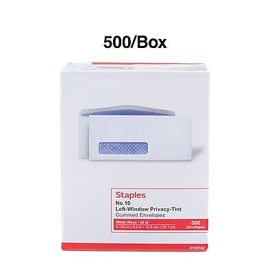 500/Box Staples No.10 Left-Window Privacy-Tint Gummed Envelopes White Wove 500 125 105 Envelopes 5750152