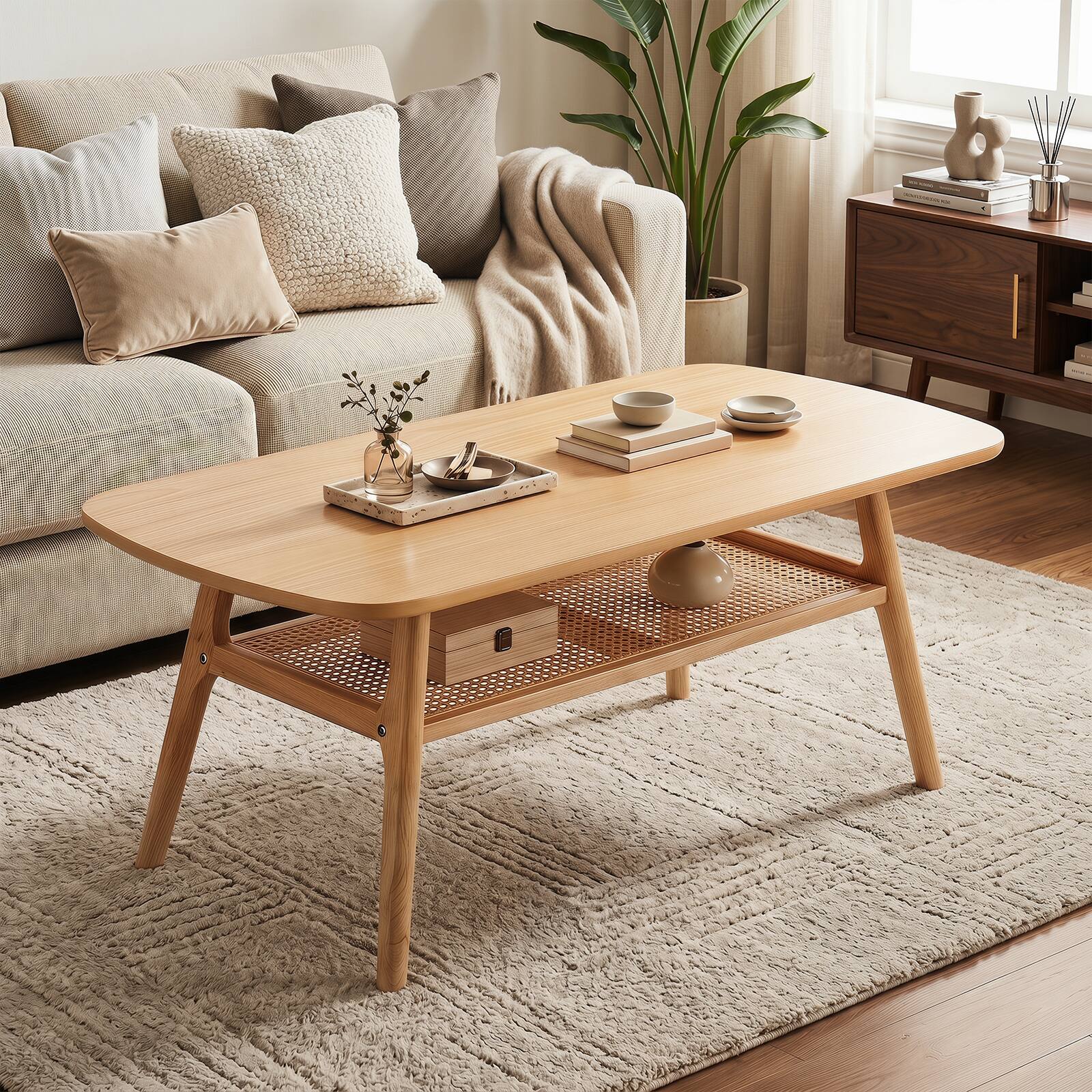 Alt View 1. Gymax - Gymax Boho Rattan Coffee Table 2-Tier Accent Table w/Rounded Corners Storage Shelf Natural - Yellow.