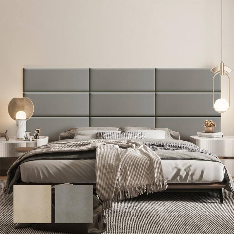 Front. wowmax - Peel & Stick Faux Leather Headboard - Waterproof 3D Wall Panel for Queen Bed, 35.4x11.8", Grey (9-Pack) - Grey.