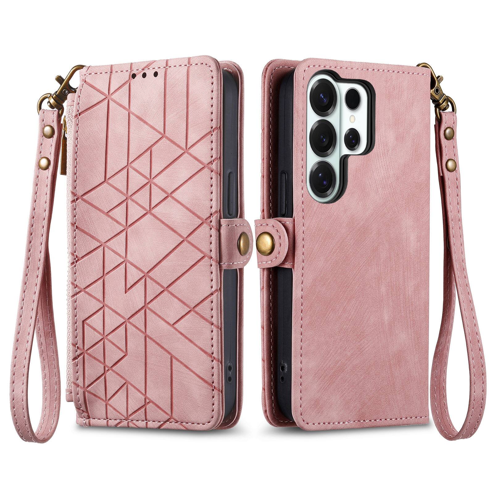 Back. Dteck - For Samsung S25 Ultra Zipper Wallet PU Leather Handbag Purse Flip Kickstand Folio Card Slots Holder Wrist Strap Cover - Pink.