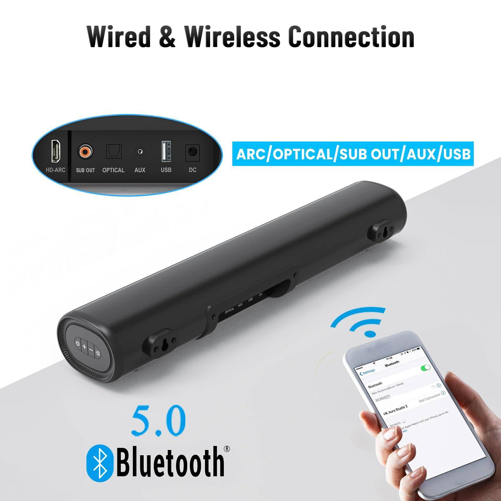 Wired & Wireless Connection

ARC/OPTICAL/SUB OUT/AUX/USB

5.0 Bluetooth

HD-ARC SUB OUT OPTICAL AUX USB DC