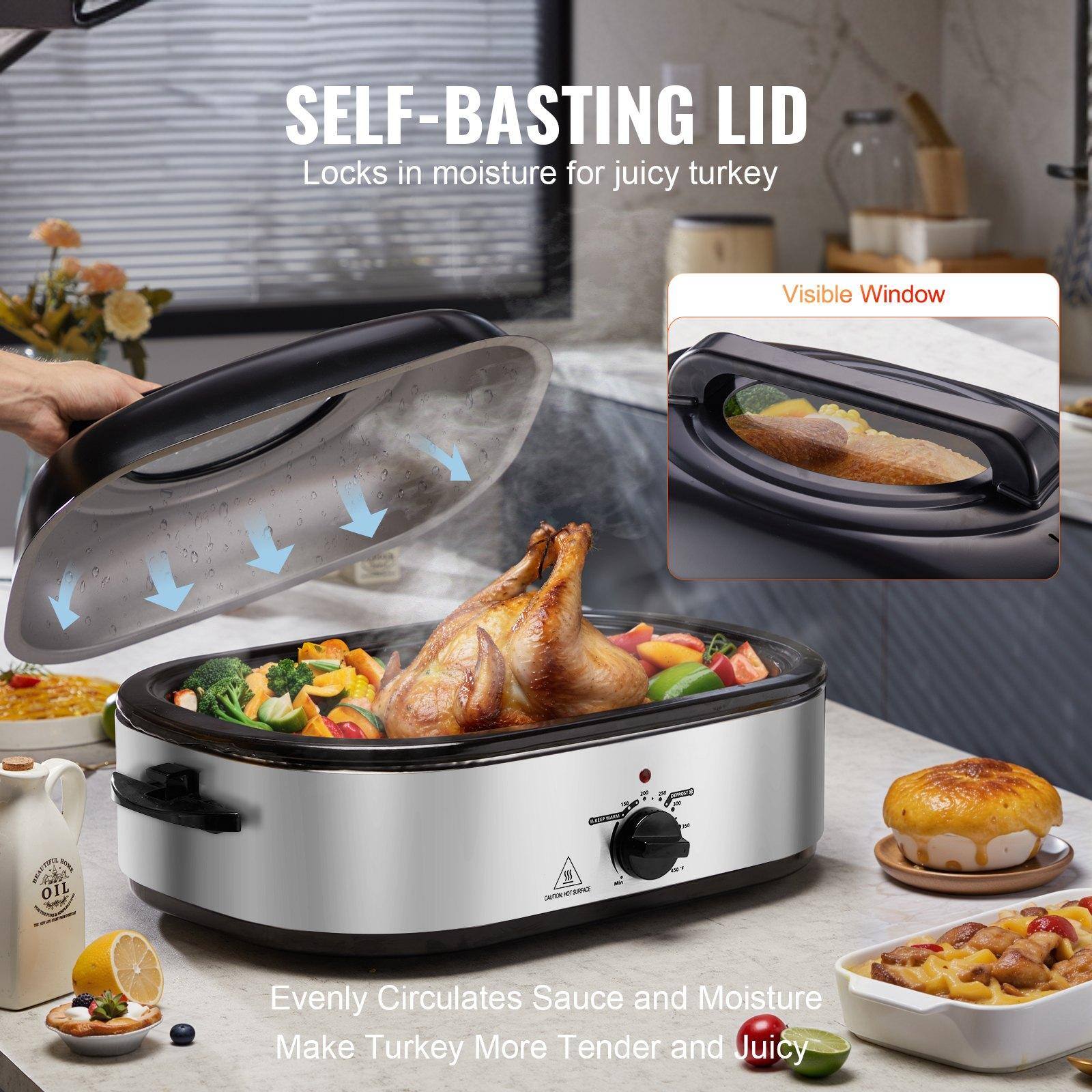 SELF-BASTING LID  
Locks in moisture for juicy turkey  

Visible Window  

Evenly Circulates Sauce and Moisture  
Make Turkey More Tender and Juicy