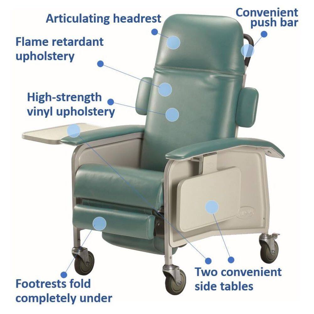 Articulating headrest  
Flame retardant upholstery  
High-strength vinyl upholstery  
Convenient push bar  
Footrests fold completely under  
Two convenient side tables