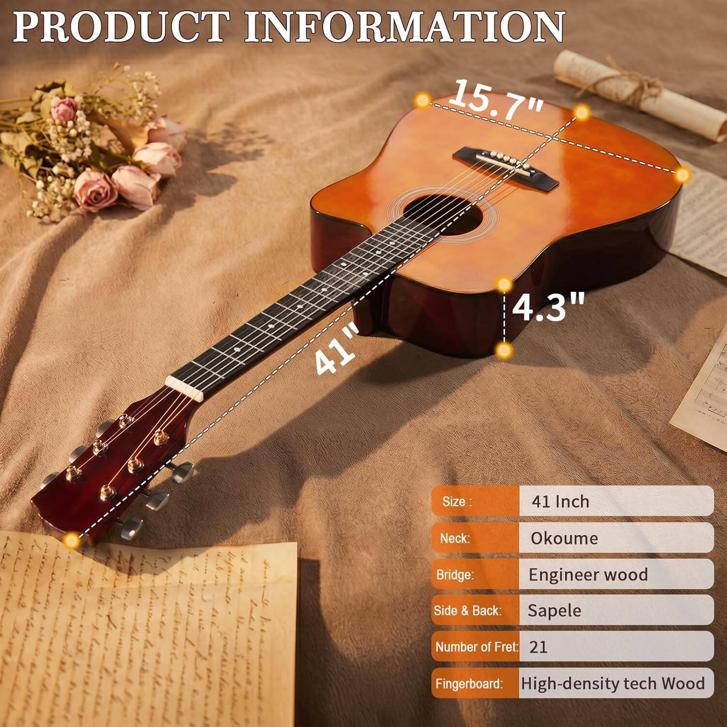 PRODUCT INFORMATION

Size: 41 Inch  
Neck: Okoume  
Bridge: Engineer wood  
Side & Back: Sapele  
Number of Fret: 21  
Fingerboard: High-density tech Wood