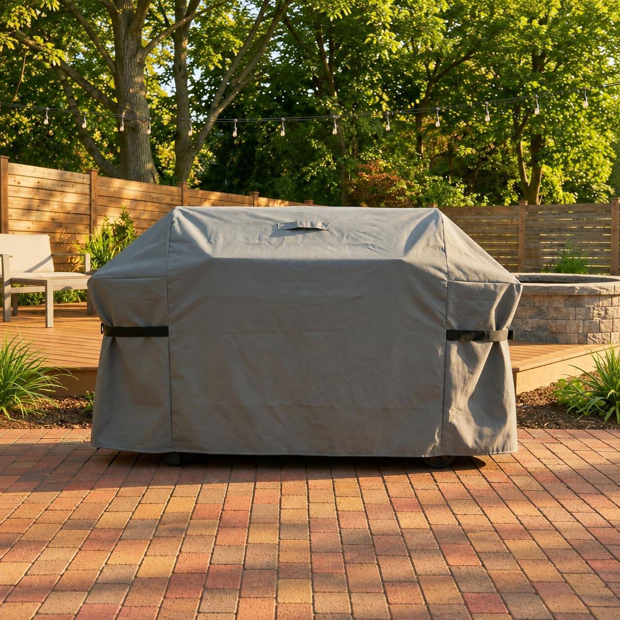 Angle. KHOMO GEAR - Grill Cover 64 Inch Waterproof, Heavy Duty BBQ Gas Grill Cover with Air Vents and Tool Pocket - 64"W x 24"D x 44"H - Gray.