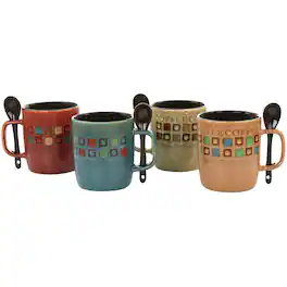 Mr. Coffee - Cafe Americano 8 Piece 13oz Ceramic Cup and Spoon Set Colors - Assorted